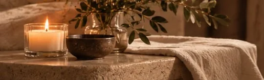 Bougie et coupe posées sur une table en pierre, à côté d’un plaid