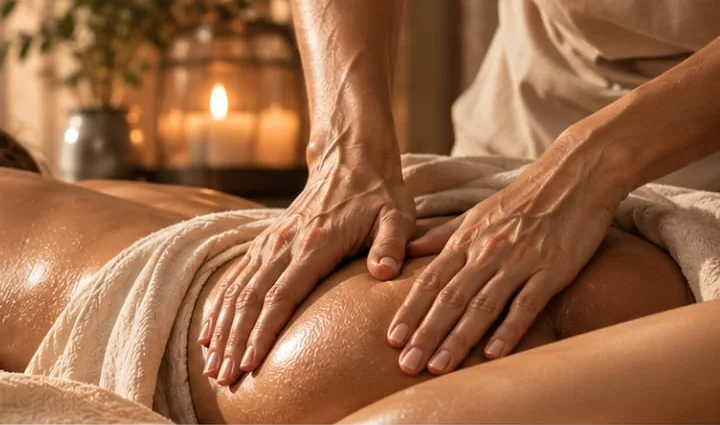 Mains d’une thérapeute pratiquant un drainage lymphatique sur le dos et la hanche d’une cliente, dans un cabinet aux bougies