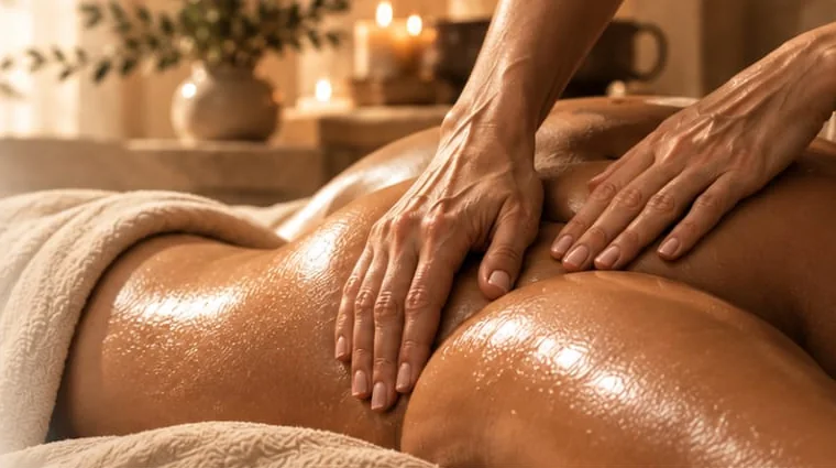 Mains d’une thérapeute réalisant le Soin Signature, un massage manuel sur mesure, dans un cabinet éclairé aux bougies